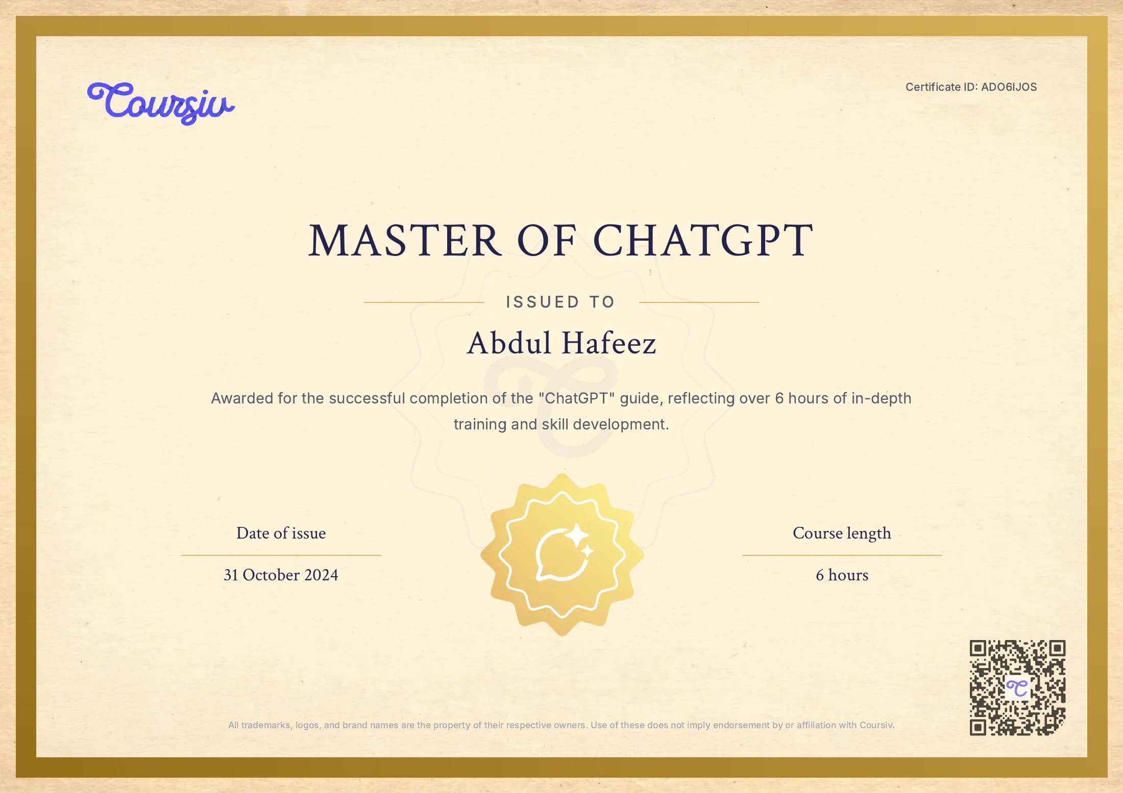 Coursiv Master of ChatGPT certificate issued to Abdul Hafeez on 31 October 2024 for a 6-hour course; certificate ID ADO6IJOS