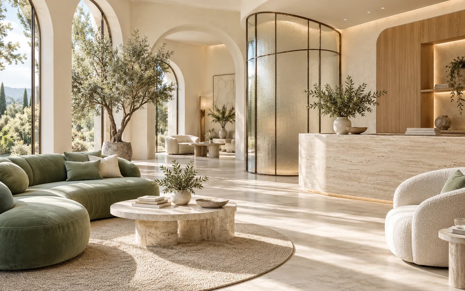 Generated concept of a calm private-clinic reception with curved ivory walls, sage seating and daylight