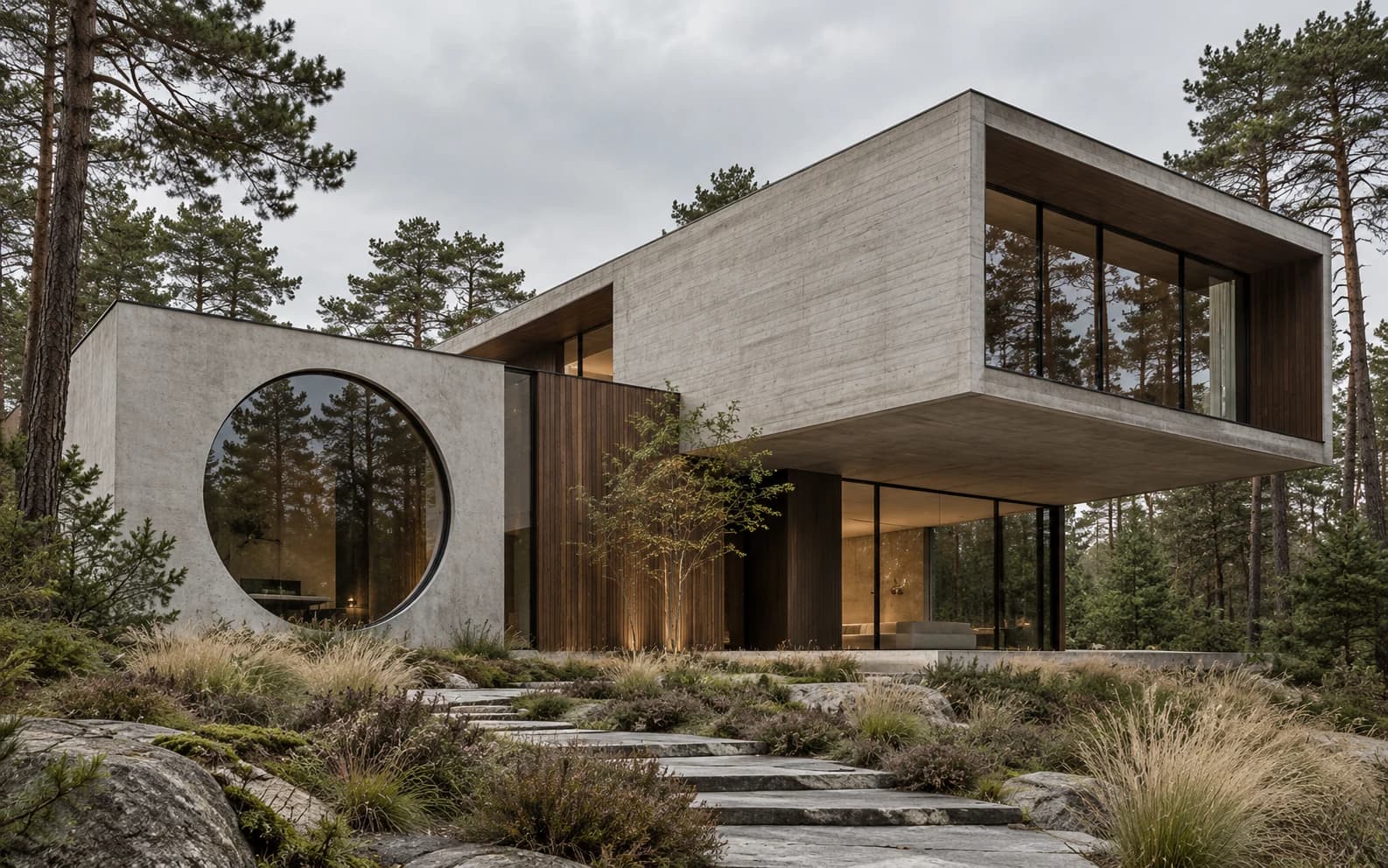 Generated original concrete and timber residence with a circular window in a pine forest; a fictional architectural project