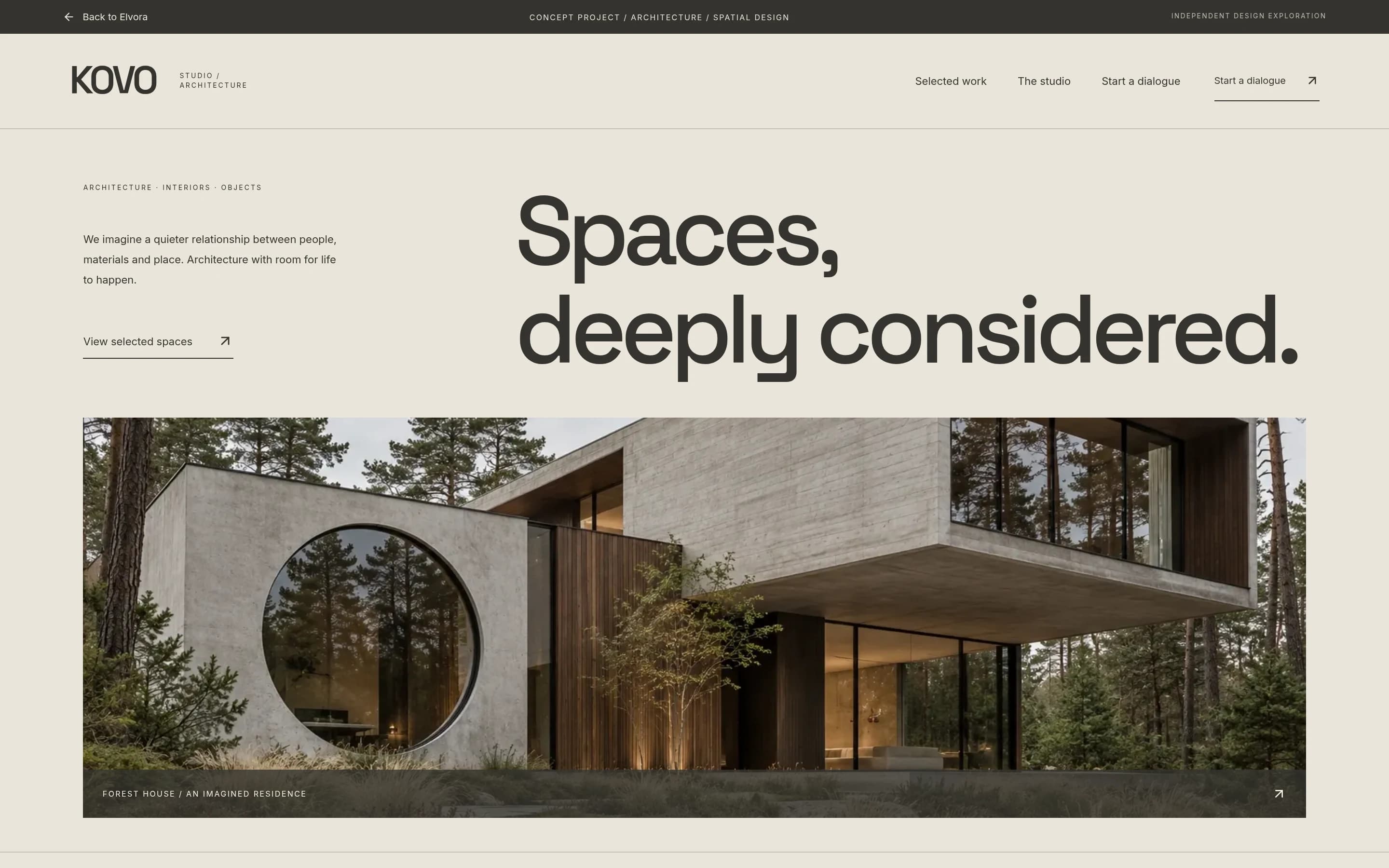 Kovo Studio: actual browser capture of the home page desktop from the fictional custom concept website