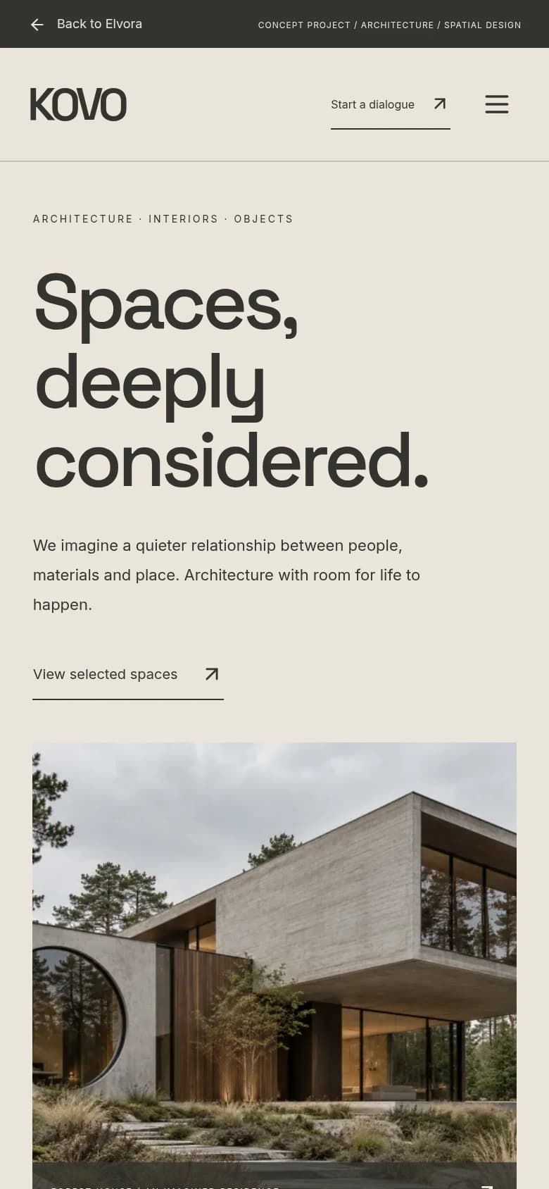 Kovo Studio: actual browser capture of the mobile view from the fictional custom concept website