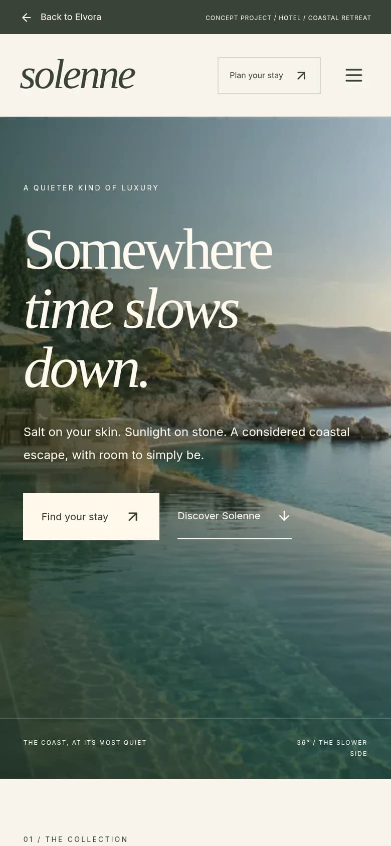 Solenne: actual browser capture of the mobile view from the fictional custom concept website