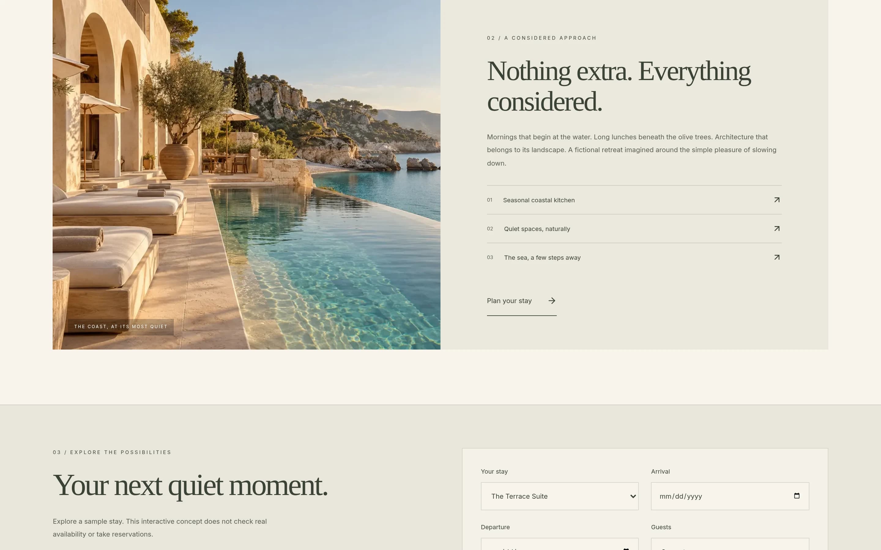 Solenne: actual browser capture of the feature / design details from the fictional custom concept website