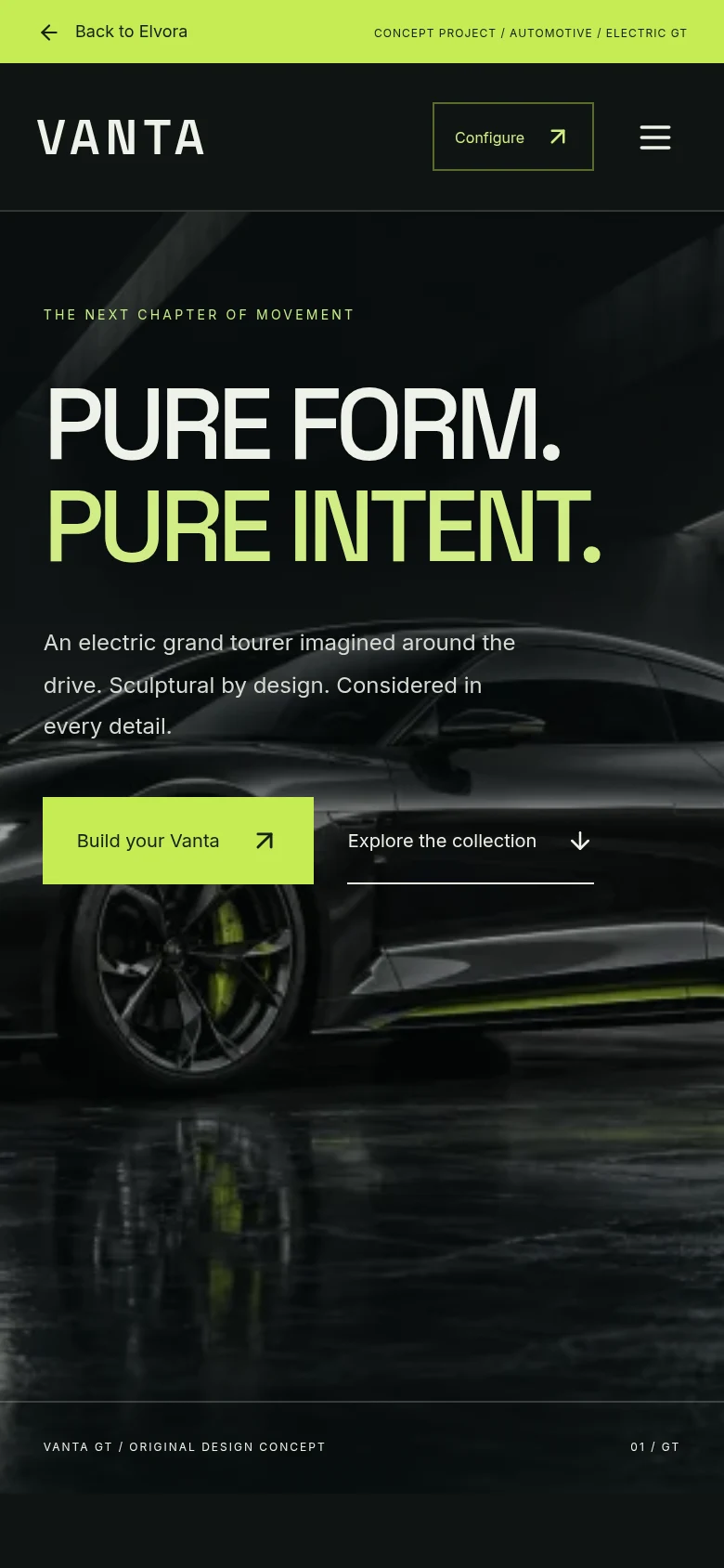 Vanta Motors: actual browser capture of the mobile view from the fictional custom concept website