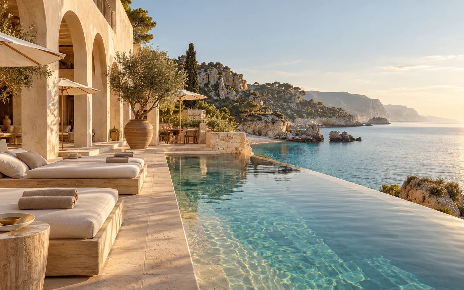Generated concept of a limestone coastal retreat, an infinity pool and a quiet Mediterranean cove