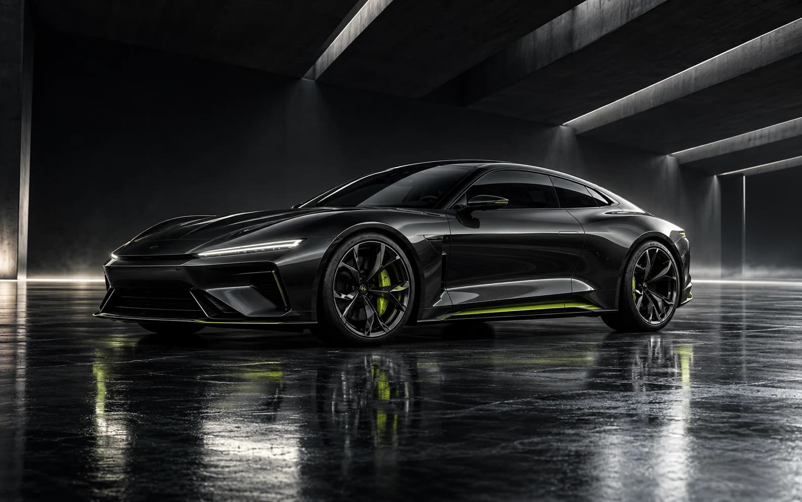 Generated original graphite electric coupe in a dark architectural studio; a fictional vehicle design