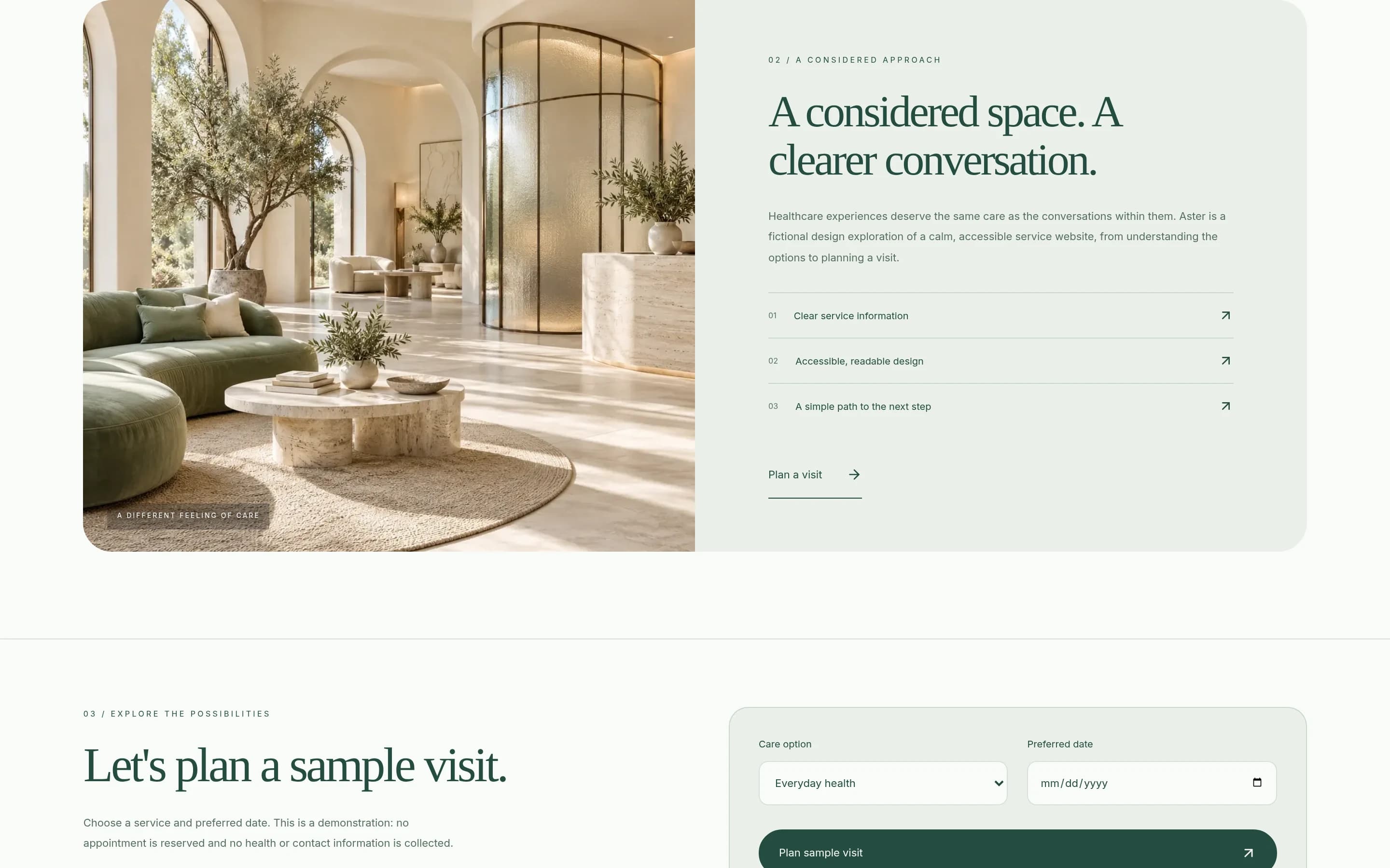 Aster Care: actual browser capture of the feature / design details from the fictional custom concept website