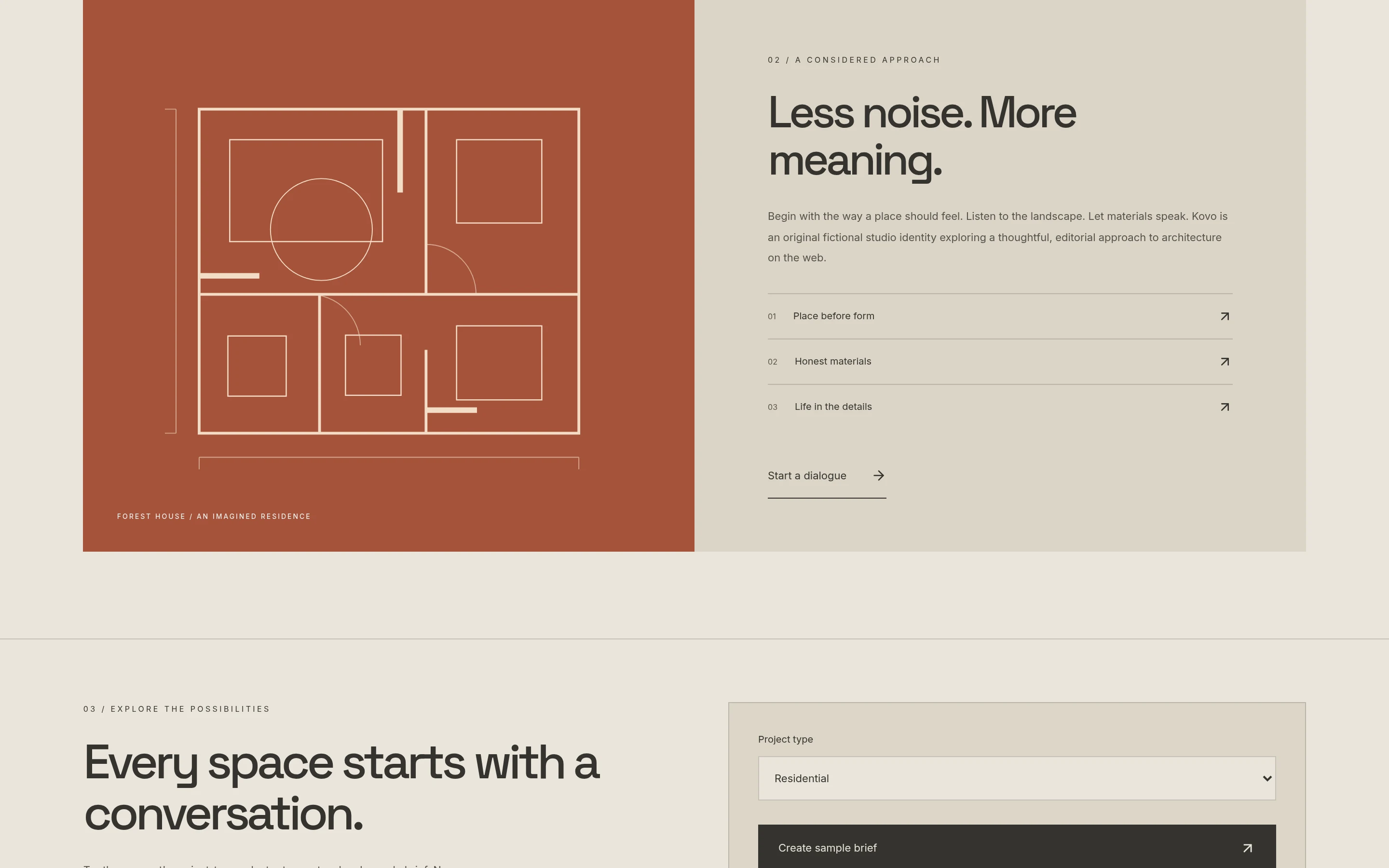 Kovo Studio: actual browser capture of the feature / design details from the fictional custom concept website
