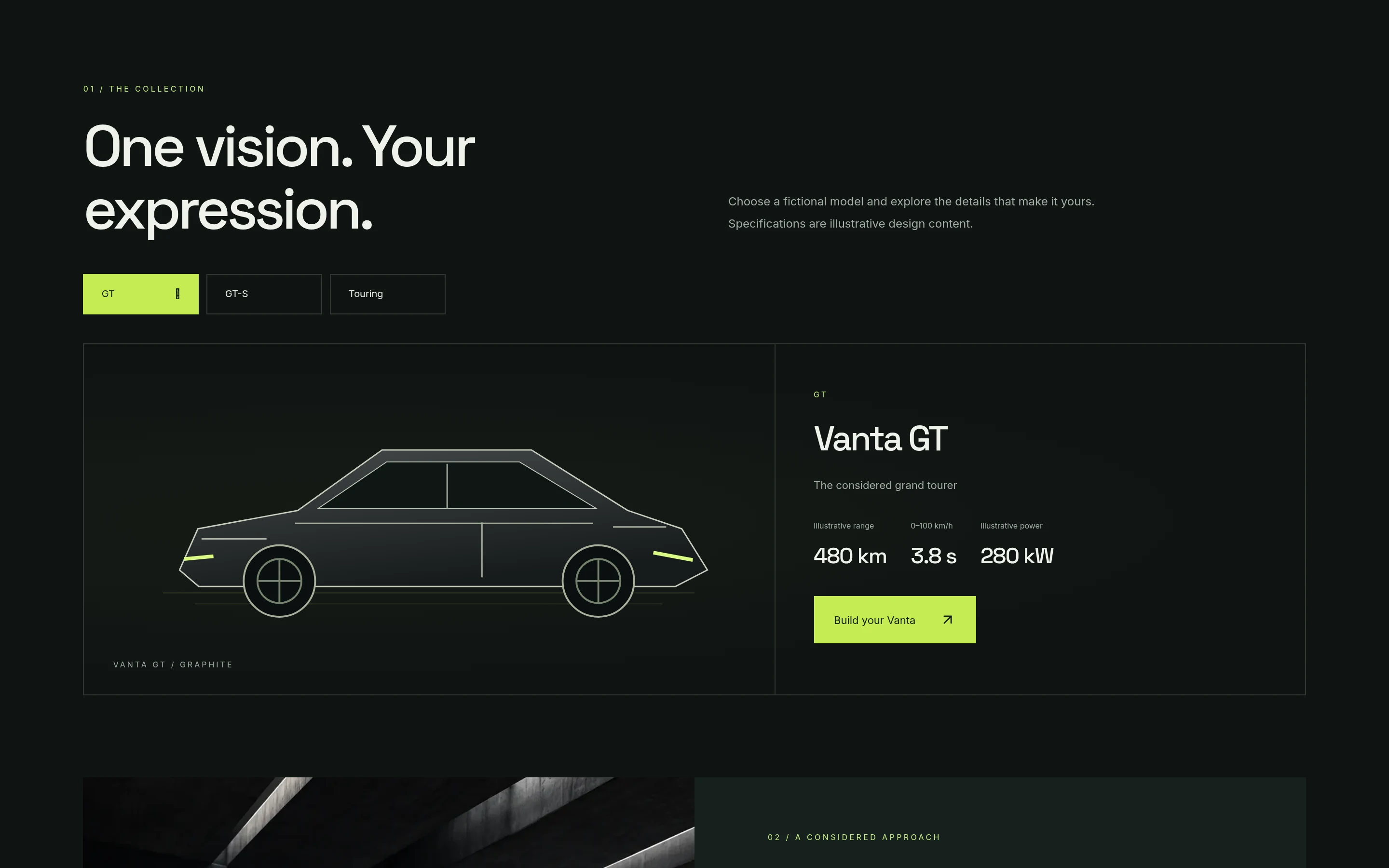 Vanta Motors: actual browser capture of the collection / inner page from the fictional custom concept website