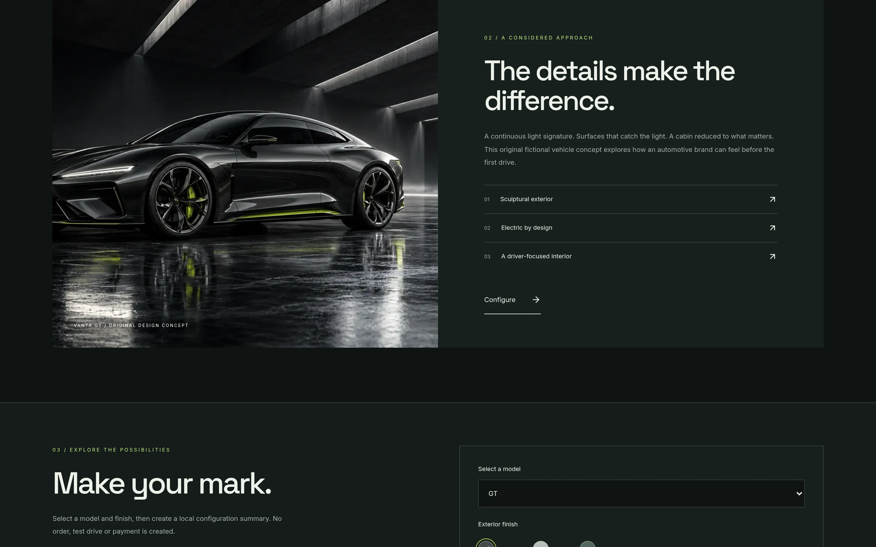 Vanta Motors: actual browser capture of the feature / design details from the fictional custom concept website